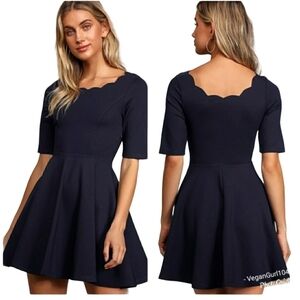 Lulu's | Women's Tip the Scallops Navy Blue Fit & Flare Mini Dress (Size Medium)